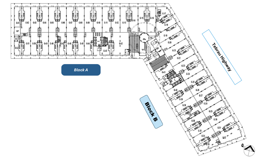 Ground Floor shoplot layout plan showing Block A and Block B along Tebrau Highway