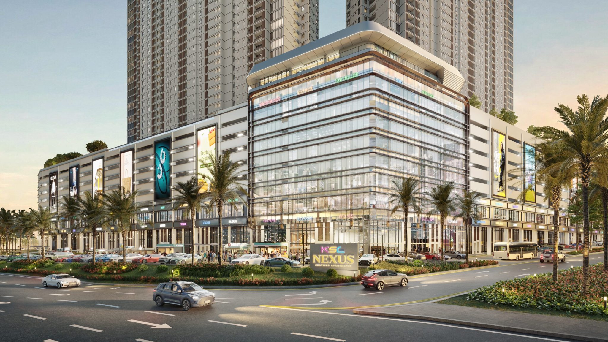 Artist's impression of the KSL Nexus towers and retail podium at dusk